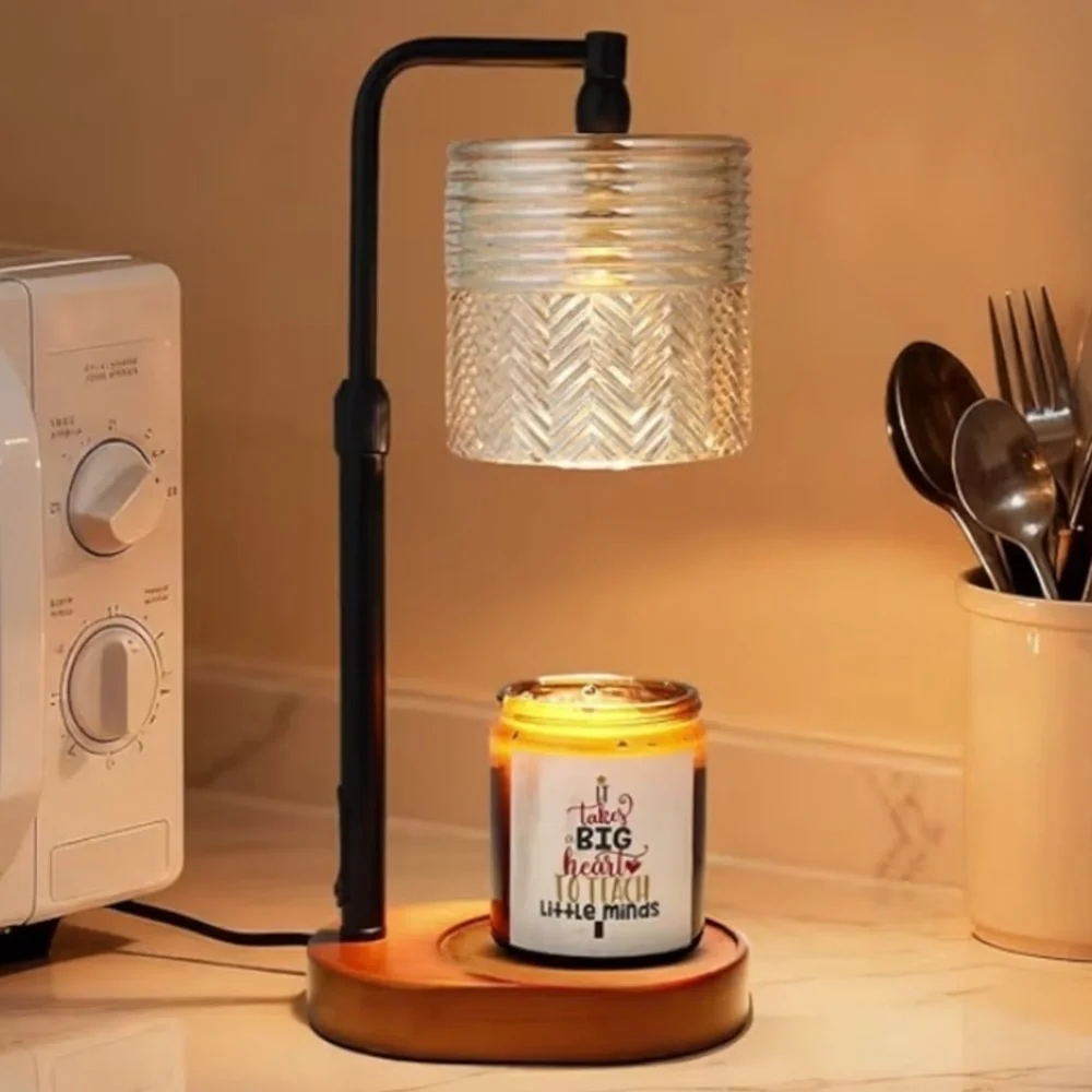 Brand New Electric  Candle Warmer Lamp Amber Glass Black Metal Wooden Base